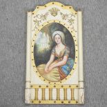 A continental painted wooden panel, depicting a lady seated in a garden,