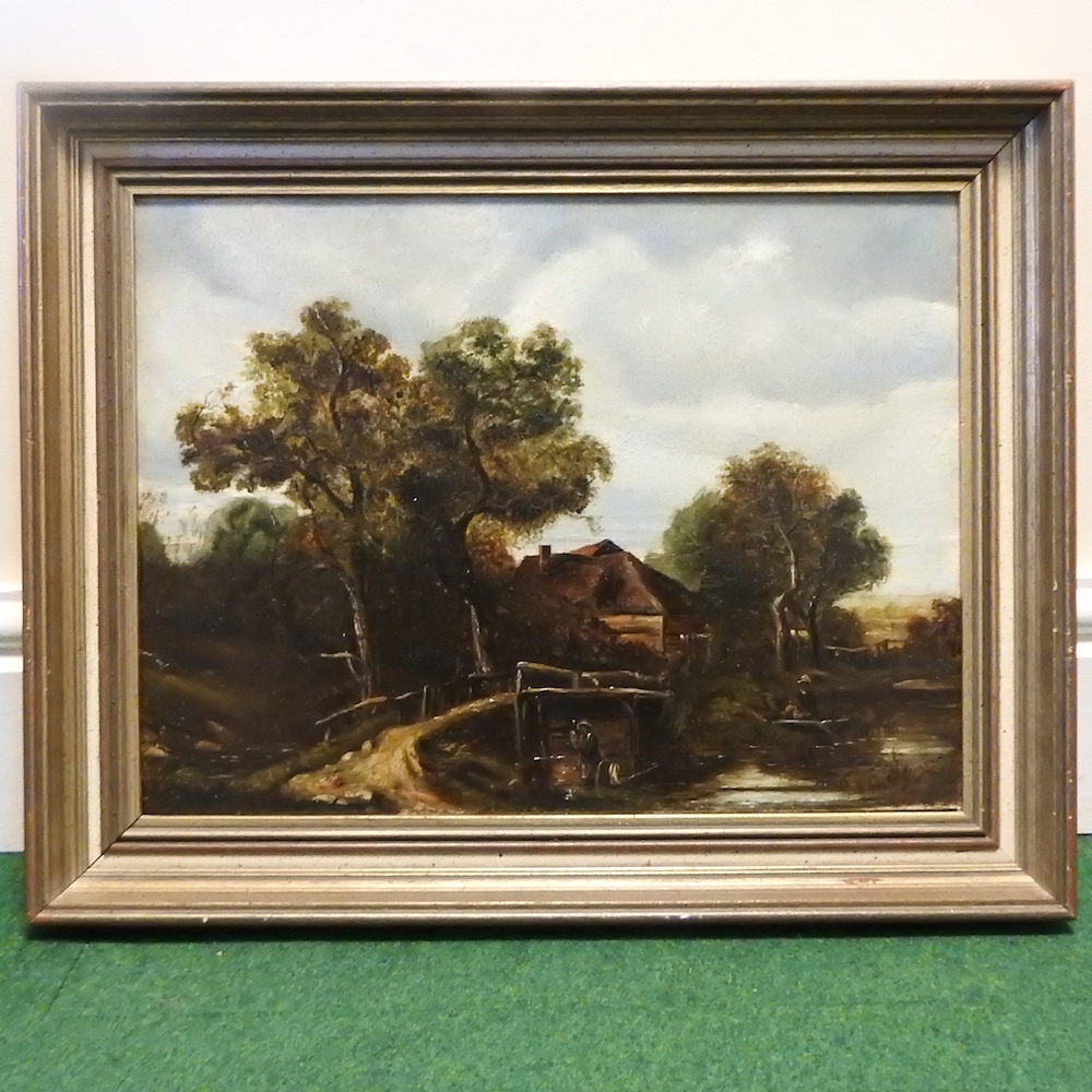 East Anglian School, 19th century, river landscape with figures by a bridge, oil on canvas,