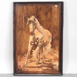 A marquetry inlaid panel, depicting a horse,