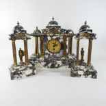 A 19th century grey marble and gilt metal mounted figural clock garniture,