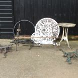 A cast iron garden table with a marble top, 53 x 51cm,