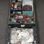 Two boxes of mainly mid 20th century children's toys, together with a collection of tea cards,