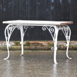 A hardwood garden side table, on a white painted wrought iron base,