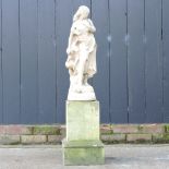 A reconstituted stone garden statue of a lady, on a plinth base,