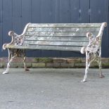 A white painted metal and wooden slatted garden bench,