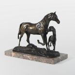 A bronze figure group of a mare and foal, on a marble plinth base,