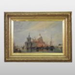 Italian School, Dorsoduro, Venice, oleograph, 48 x 74cm, in a gilt frame, together with another,