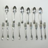 A set of nine George IV silver fiddle pattern dessert forks, London 1824,