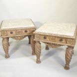 A pair of carved marble top occasional tables, each of square shape, containing a single drawer,