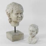 A pottery head, on a plinth base, 35cm high, together with a pottery portrait bust,