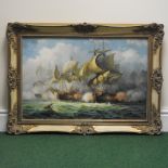 James Hardy, 20th century, an extensive naval battle scene, signed, oil on canvas laid on board,