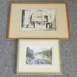 Martin Hardie, architectural etching, signed, 24 x 34cm, together with Moira Orton, river landscape,