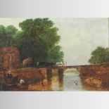 English School, 19th century, river landscape, with a horse drawn cart, oil on canvas,