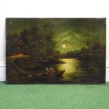 English School, 19th century, a moonlit river landscape, oil on canvas, unframed,