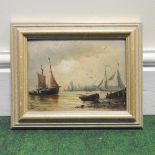 English School, late 19th century, a harbour scene, signed with monogram, oil on board,