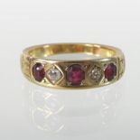 An unmarked ruby and diamond half hoop eternity ring,