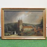 English School, 19th century, country scene with figures by a church, oil on canvas,