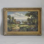 English School, 20th century, extensive country landscape, signed indistinctly, oil,