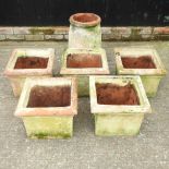 A collection of five terracotta square garden planters, together with a rhubarb forcer,