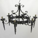 A black painted iron Gothic style six branch chandelier,