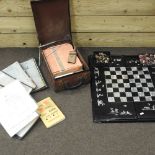 A lacquered backgammon set, 63cm, together with a bridge set,