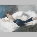 English School, 20th century, portrait of a boy reading on a bed, oil on board, 47 x 63cm,