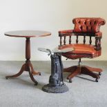 A button back swivel desk chair, together with an inlaid occasional table,