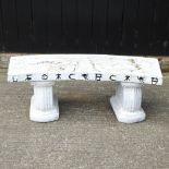 A white painted reconstituted stone curved garden bench,