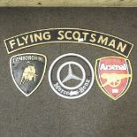 A set of four various painted metal signs to include, arsenal, mercedes benz, lamborghini,