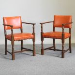 A set of six orange upholstered dining chairs,