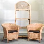 A pair of wicker armchairs, together with a wicker bookcase,