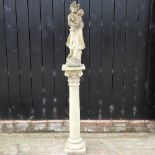 A reconstituted stone garden statue of a lady and child, 74cm high, together with a pedestal column,