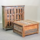 A rustic hardwood glazed cabinet, 101cm, together with a rustic hardwood coffee table,