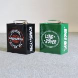 A Harley Davidson advertising petrol can, together with a Land Rover advertising petrol can,