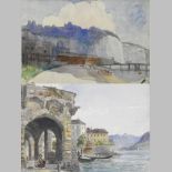 Jean English, harbour scene, signed watercolour, 23 x 34cm, together with continental school, ruin,