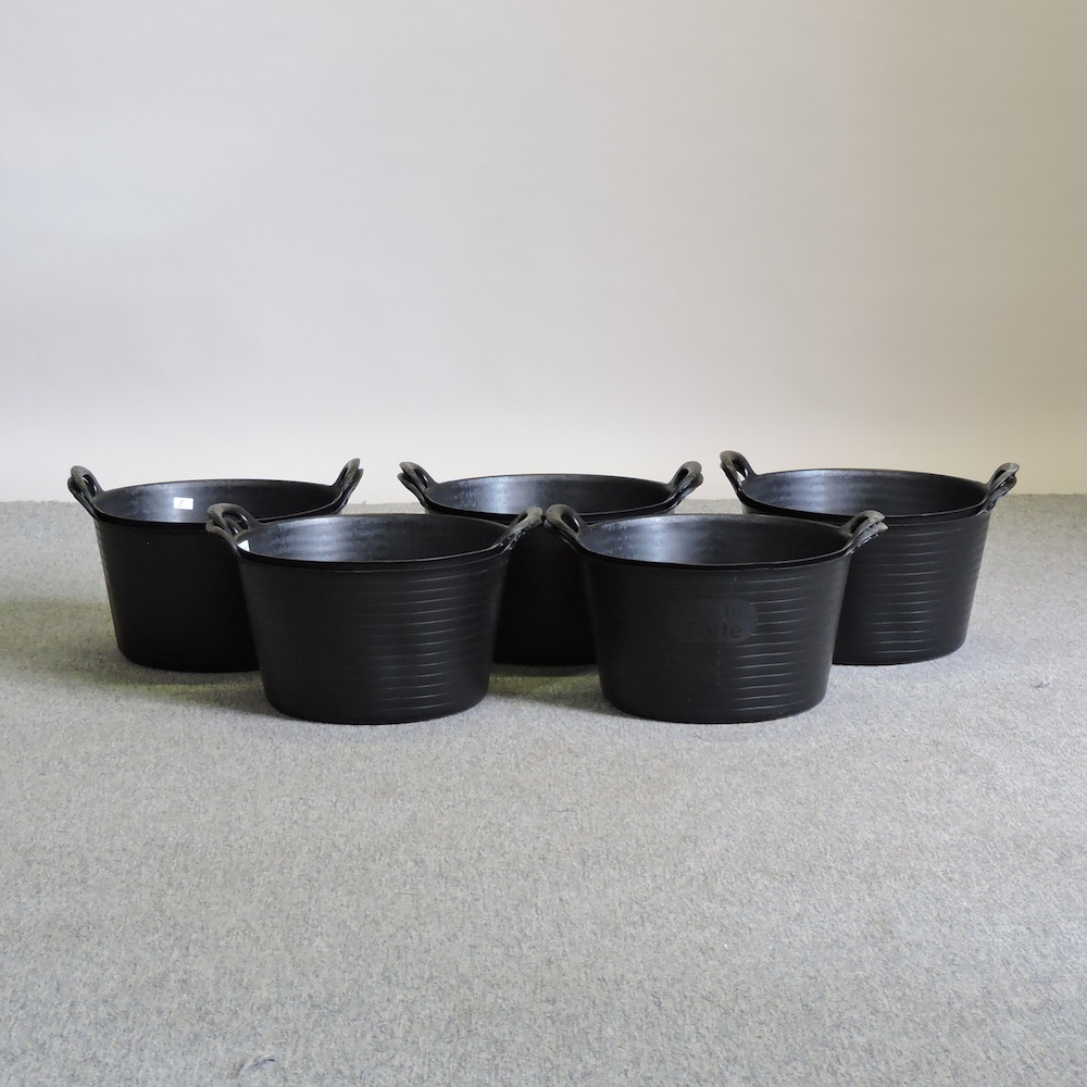 A set of ten black trug buckets,