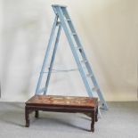 A vintage blue painted wooden stepladder, together with a Chinese coffee table,