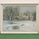 English school, 20th century, snowy village scene, signed with initial S G and dated 1947,