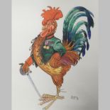 Bryn Parry, b1956, cockerel in military uniform with sword, signed watercolour, 46 x 37cm.