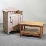 An antique pine cabinet, with a gallery back, 65cm, together with a pine coffee table,