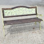 A green painted metal and slatted wooden garden bench,