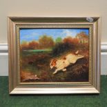 English school, 20th century, terrier chasing a rabbit, oil on board,