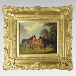 Attributed to John Frederick Herring, 1795-1865, three horses in a landscape, oil on panel,