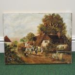 English school, village scene with hay wagon, oil on canvas, signed with initials, unframed,