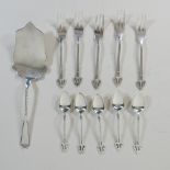 A set of five continental silver dessert spoons and forks,