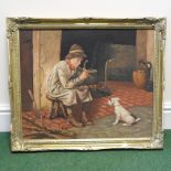 P J Gibson, kitchen scene with boy and dog, signed oil on canvas,