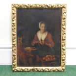 Dutch School, 18th century, still life with a girl peeling fruit, oil on canvas,
