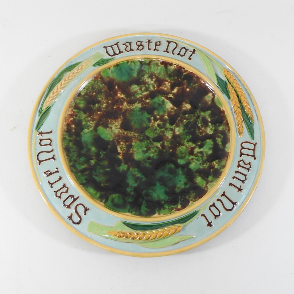 A 19th century Minton style majolica plate, inscribed 'Spare not, waste not, want not', - Image 3 of 3