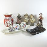 A shelf of items to include a 19th century papier mache tray, a truncheon, portrait busts,