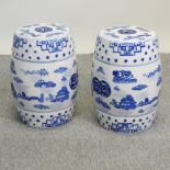 A pair of Chinese blue and white porcelain garden seats, of barrel shape,